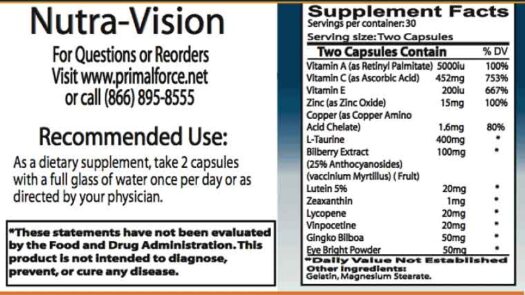 ingredients label Nutra Vision